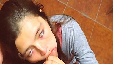 Deep throat and cum in the mouth. Beautiful young woman gets very hot