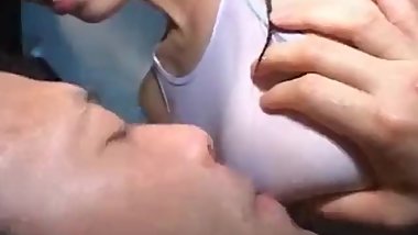 2 japanes girls in white swimsuits play in pool with guy