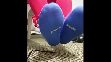 red stockings red frilly socks with blue ankle socks